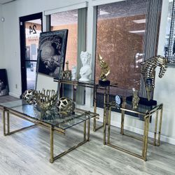 Gold And Glass Top Set Of Coffee Table Console Table And Side Table  $50 down 