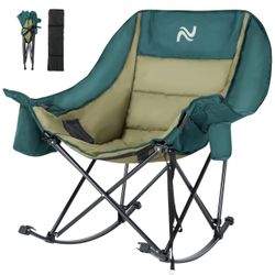 Oversized Rocking Camping Chair Metal Padded Camping Chair Portable Foldable Outdoor Rocking Chair for Camping, Green