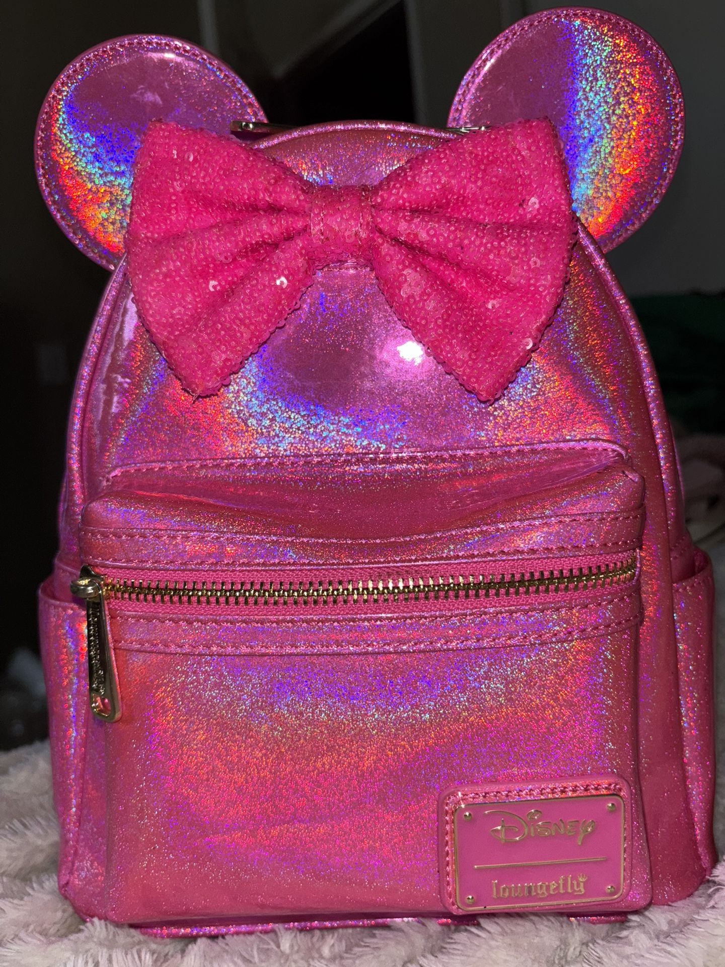Loungefly Disney Minnie Mouse Pink Holographic Sequin Bow Mini Backpack