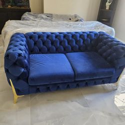 Royal Blue Velvet Tufted Sofa Set