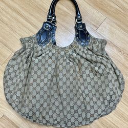 Authentic Gucci Beige/Brown GG Canvas and Leather Pelham Studded Hobo 