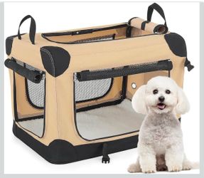 MoNiBloom 23" Foldable Soft Large Dog Crate, 3 Door Soft Side Kennel with Chew Proof Mesh Window, Travel Dog Crate, Outdoor, Beige