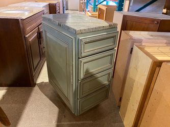 15″ Wide Four Drawer Cabinet in Distressed Green with Granite Top