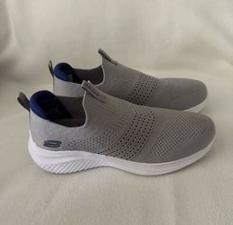 Size 9 - Men’s SKECHERS Memory Foam Slip-On Low Top Athletic Sneaker Gray Blue White