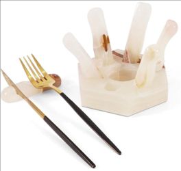 Marble White Onyx Utensil Rest Piece 3" H, Ideal for Organizing Spoons and Forks, 4" Cutlery Rest Holder, Modern Kitchen Accessory, Perfect for Everyd