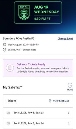 Sounders Tickets 8/19 vs Austin