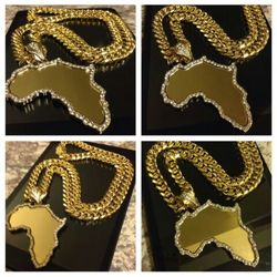 14K Gold Plated 30"/12MM Miami Cuban With Swarovski Crystal Africa Pendant