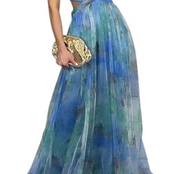 Blue Green Small Flowy Long A Line Dress Spaghetti Strap V Neck Cut Out Prom Wedding