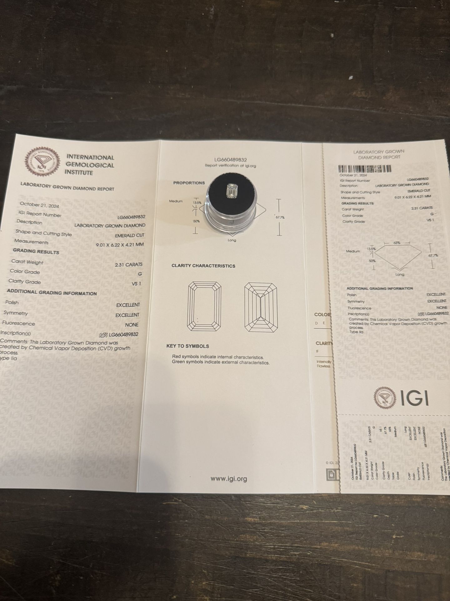 IGI Cert. Emerald Cut 2.31 carat G color VS 1