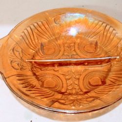 Indiana Glass Carnival Glass Divided Footed Dish Amber Marigold Iridescent

Measures 8" X 1 1/2"

