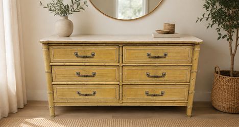 Vintage-style six-drawer dresser has a yellow finish with faux bamboo wood detailing.  Brand - Henry Link Dresser   52"w x 19.5"d x 32.5"h