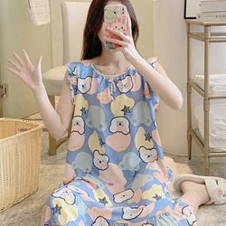 1pc Women's Casual Loose Fit Thin Homewear Nightdress With Bear Print, Pleated Hem, Lace Trim And Decorative Bowknot, Suitable For Home Use