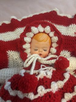 Crocheted Doll In Red Dress & Bonnet (12 in. doll)