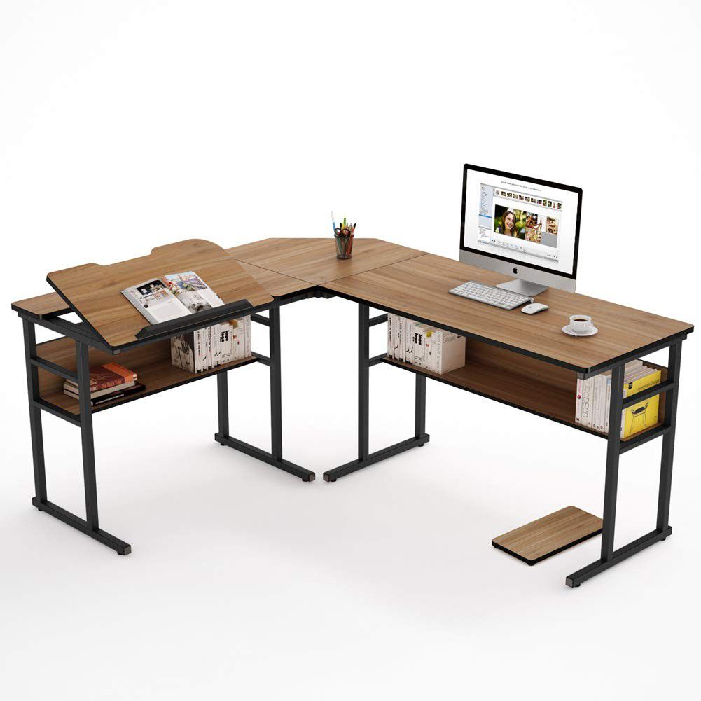 Corner L Shape Oak Office Desk With Shelves