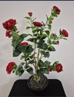 * NEW LOW PRICE * 38" Faux Red Camellia Tree Topped With Labradorite Stones in Resin Planter / Metal Stand @ Lasting Creations