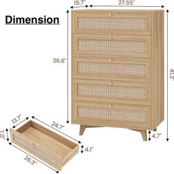🥨VIAGDO Rattan Dresser for Bedroom, 5 Drawer Dresser with Natural Rattan Drawers, Wooden Tall Cabinet with Gold Handles, Modern Closet Storage Chest 