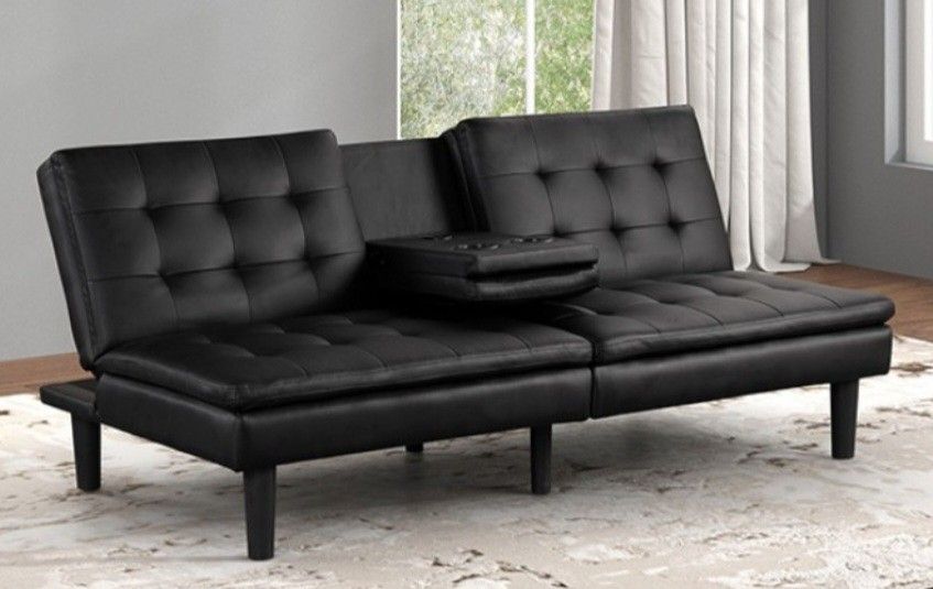 Brand New Black Leather Futon Sofa Sleeper