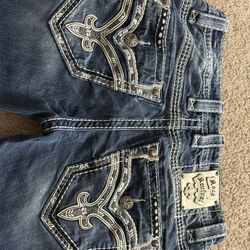 Rock Revival Mikael Slim Boot Jeans Mens 33 Blue Distressed Stretch Denim