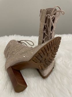 Rhinestone Lace-Up Block Heel Boots