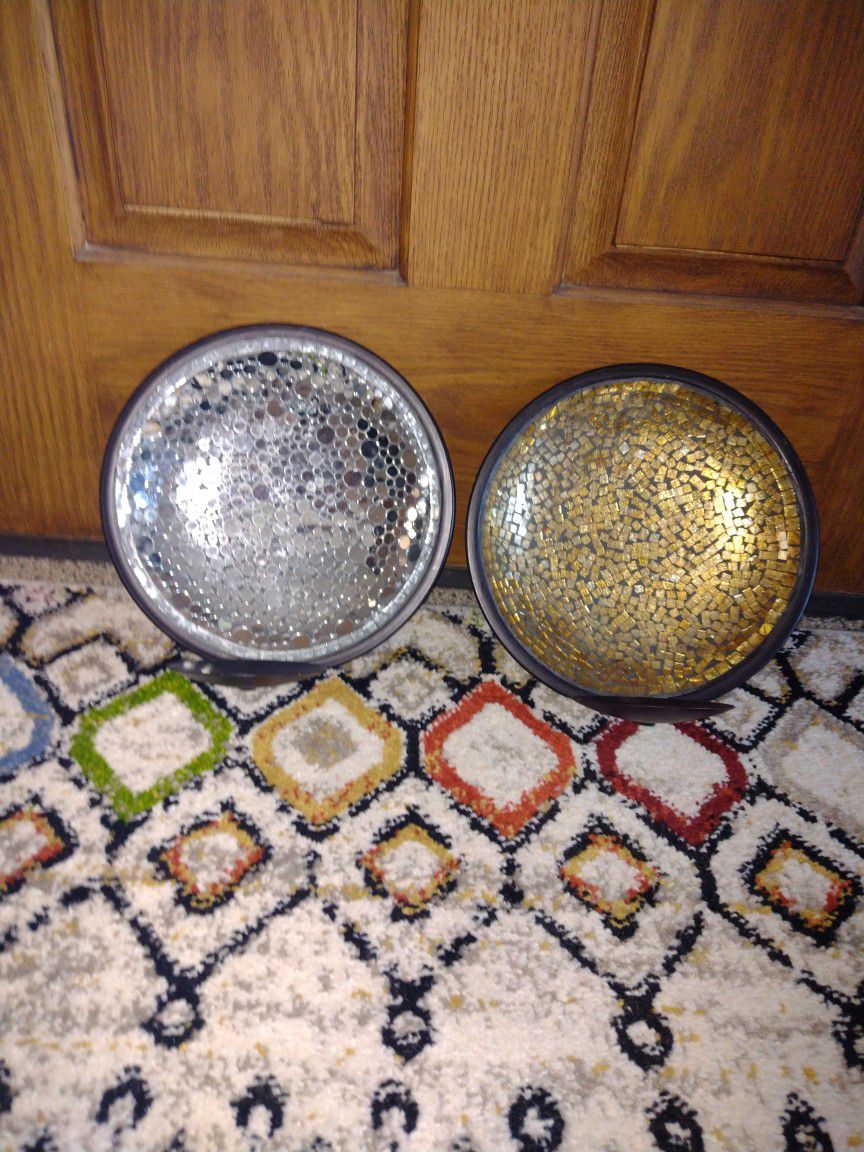 Set Of 2 Mosaic Wall Pillar Candle Holders, One Silver And One Gold.