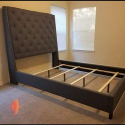 Brand New/ Gray Velvet Queen Bed Frame Cama// Mattress Sold Separately 