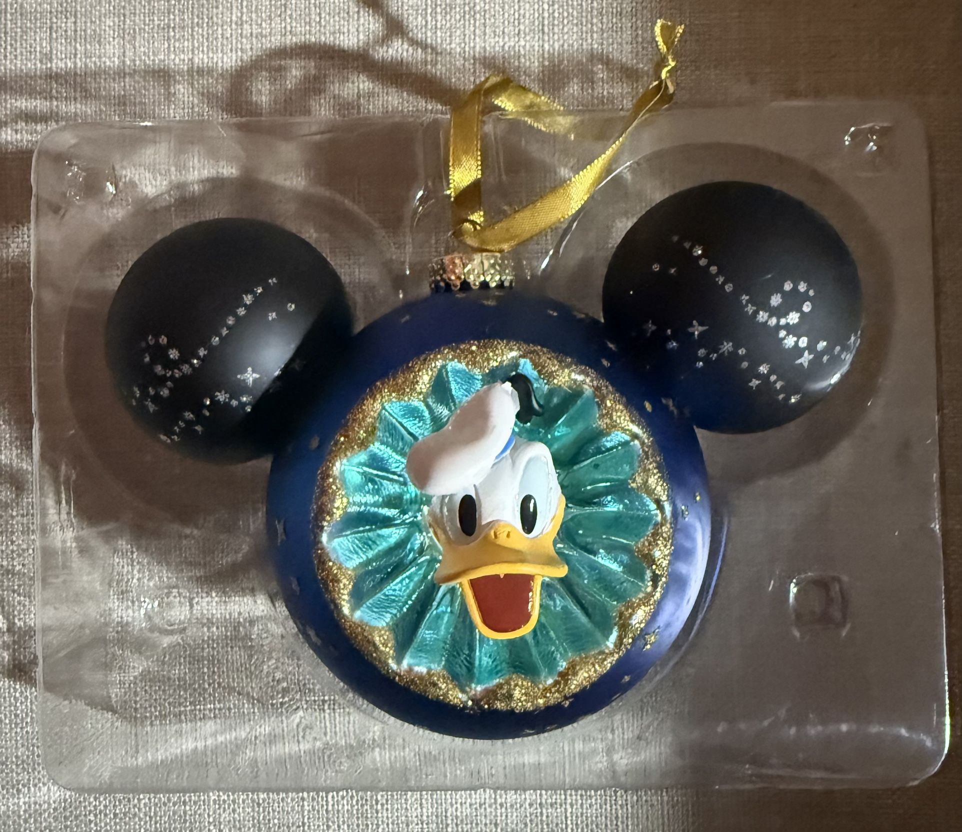 Disney Donald Duck Sunburst Ball Mickey  Icon Ears  - Glass Holiday Ornament 