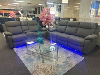 Grey Two Piece Sofa&Loveseat 4x Recliners With LED Lighting $999