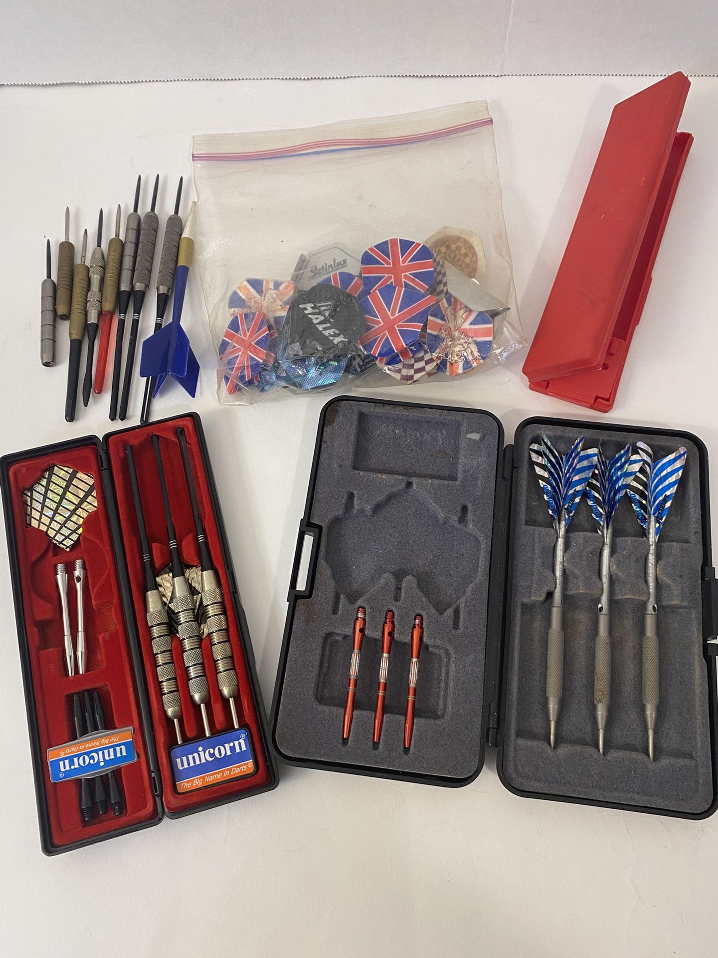 Unicorn ( New) & Accudart Steel Tip Dart Sets w/ Flights in Cases Plus Misc Darts Flights