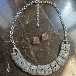Antique Silver Tone Choker Necklace With Matching Pierced Earrings