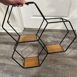Hexagonal Three Piece Metal/Wood Floating Shelf
