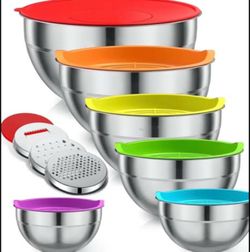 Mixing Bowl Set, 6 PCS Stainless Steel Mixing Bowls with 3 Grinder Attachments, Kitchen Food Organizer Nesting Mixing Bowls Tableware Durable Multifun