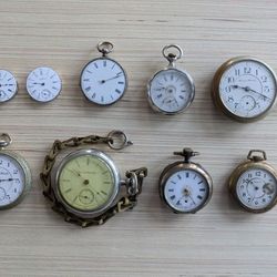 9 old antique pocket watches some solid .800 SILVER, some work, some do not. See pictures for quality and condition. Price is for ALL items in picture