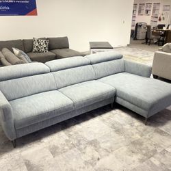 Teal Fabric Small Sectional With Chaise & Adjustable Headrest 