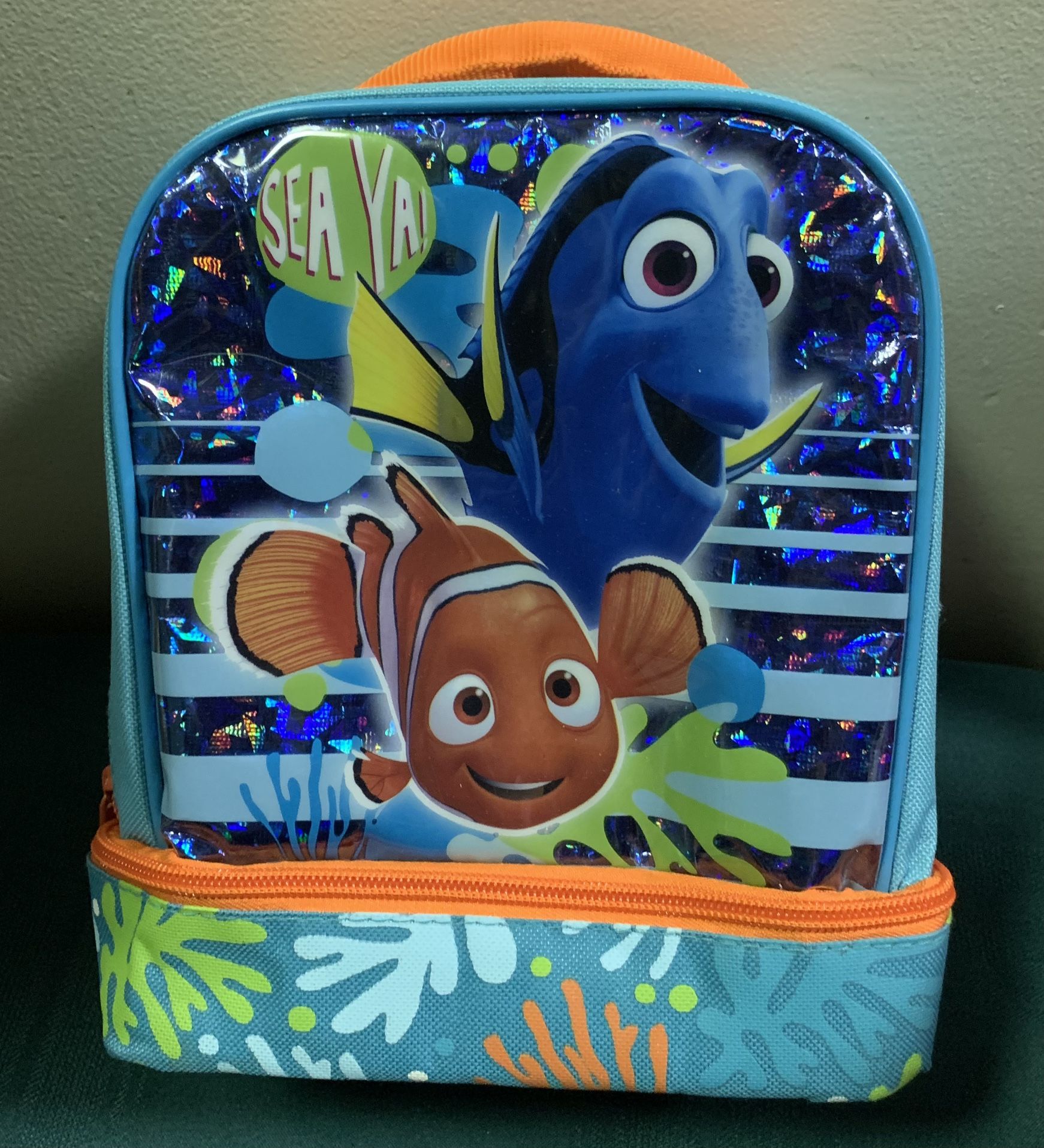 Finding Nemo and Dora insulated lunch bag - a last name in sharpie on the inside