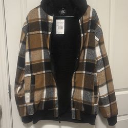 Original deluxe Men's Carmel and Black Plaid Sherpa Zip Up Hoodie