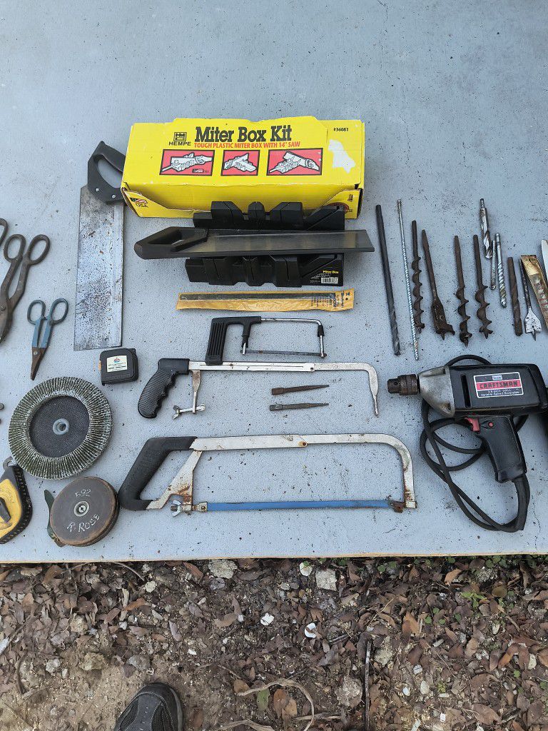 EVERYTHING IN PICTURES TAKE ALL,1/2" REV.DRILL& JIG SAW,DRILLS BITE,MITER BOX NEW, FILES,SNIPES,PULLERS,- MORE, NEED GONE TODAY!