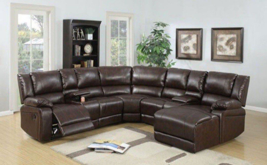 Brand New Brown Leather Sectional Reclining Sofa 