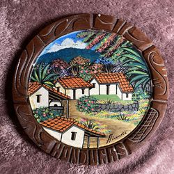 Beautiful Vintage Hand-Painted/Wood Carved Wall Plate Of Honduras Village 