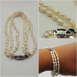 Vintage 925 sterling silver Fresh water Pearls Bracelet, 3 Rows of pearls.
