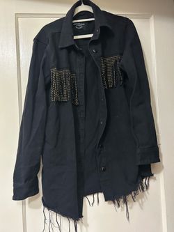 Black Denim Jacket with Gold Rhinestone Fringe