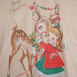 Women's 1XL Sweatshirt 1950s Girl and Reindeer Christmas Holiday Graphic Print 