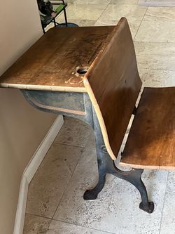 Antique Cast Iron School Desk with Attached Seat