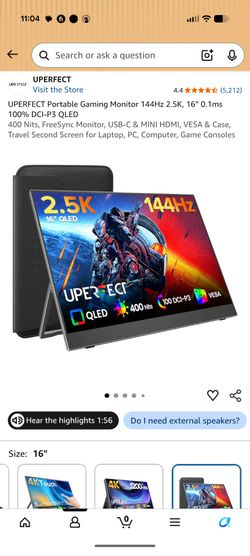 UPERFECT Portable Gaming Monitor 144Hz 2.5K, 16” 0.1ms 100% DCI-P3 QLED
400 Nits, FreeSync Monitor, USB-C & MINI HDMI, VESA & Case, Travel Second Scre