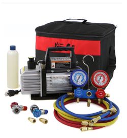 4CFM VACUUM PUMP A/C REFRIGERATION KIT AC MANIFOLD GAUGE and LEAK DETECTOR 175.00