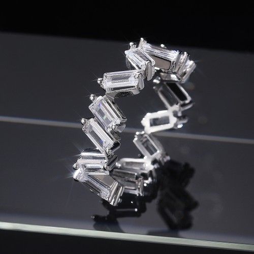 "Shiny Irregular Rectangle Gems Full Around Zircon Silver Eternity Ring, K804