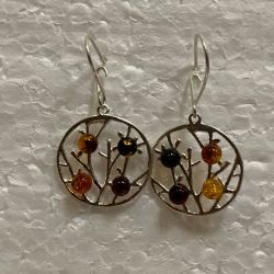 Tree of Life Silver Earrings With 4 Amber Stones, Drop Dangle