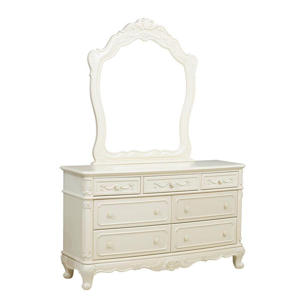 Homelegance Cinderella white dresser with mirror 7 drawers Victorian floral decor L55”*D17”*H34”(address in description) 👇delivery 🚚 available withi