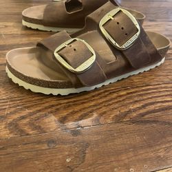 Gold big buckle Cognac Oiled Leather Authentic Birkenstock Arizona Sandals Size 6-6.5