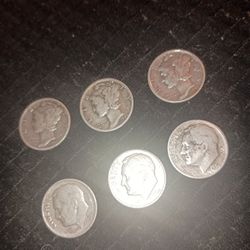 Six Silver Dimes Three Mercury Dimes And Three Regular Dimes All Silver