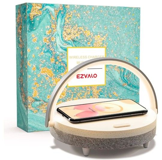 Gift for Her, Music Table Lamp with Wireless Charger, 4 in 1 Touch Bedside Lamp, Portable Bluetooth Speaker, Phone Holder, Dimmable LED Night Light Bi